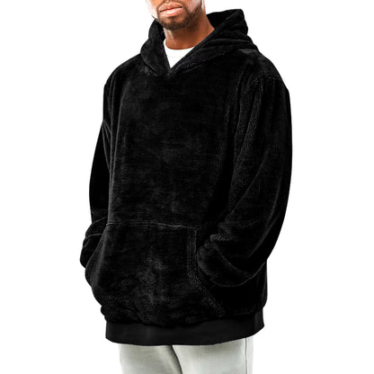 Men'S Puffer Hooded Sweatshirt Winter Double Sided Plush Hoodie with Pocket Arctic Velvet Warm Hooded Sport Outerwear